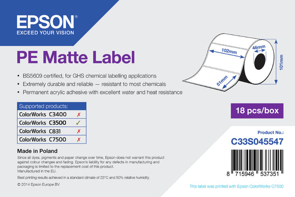Étiquettes PE Epson 102x51mm - résistantes et fiables