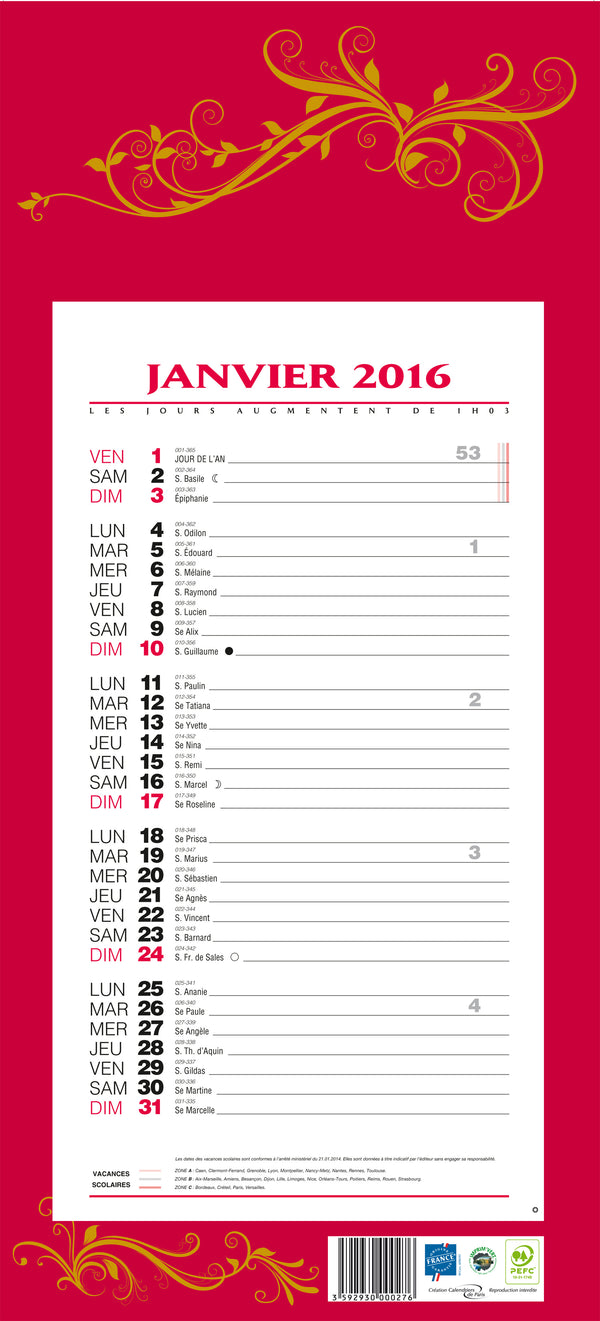 Calendrier mensuel 12f rouge19x42