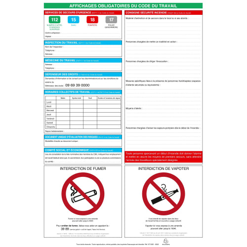 Panneau affichages obligatoires code du travail -40x60cm