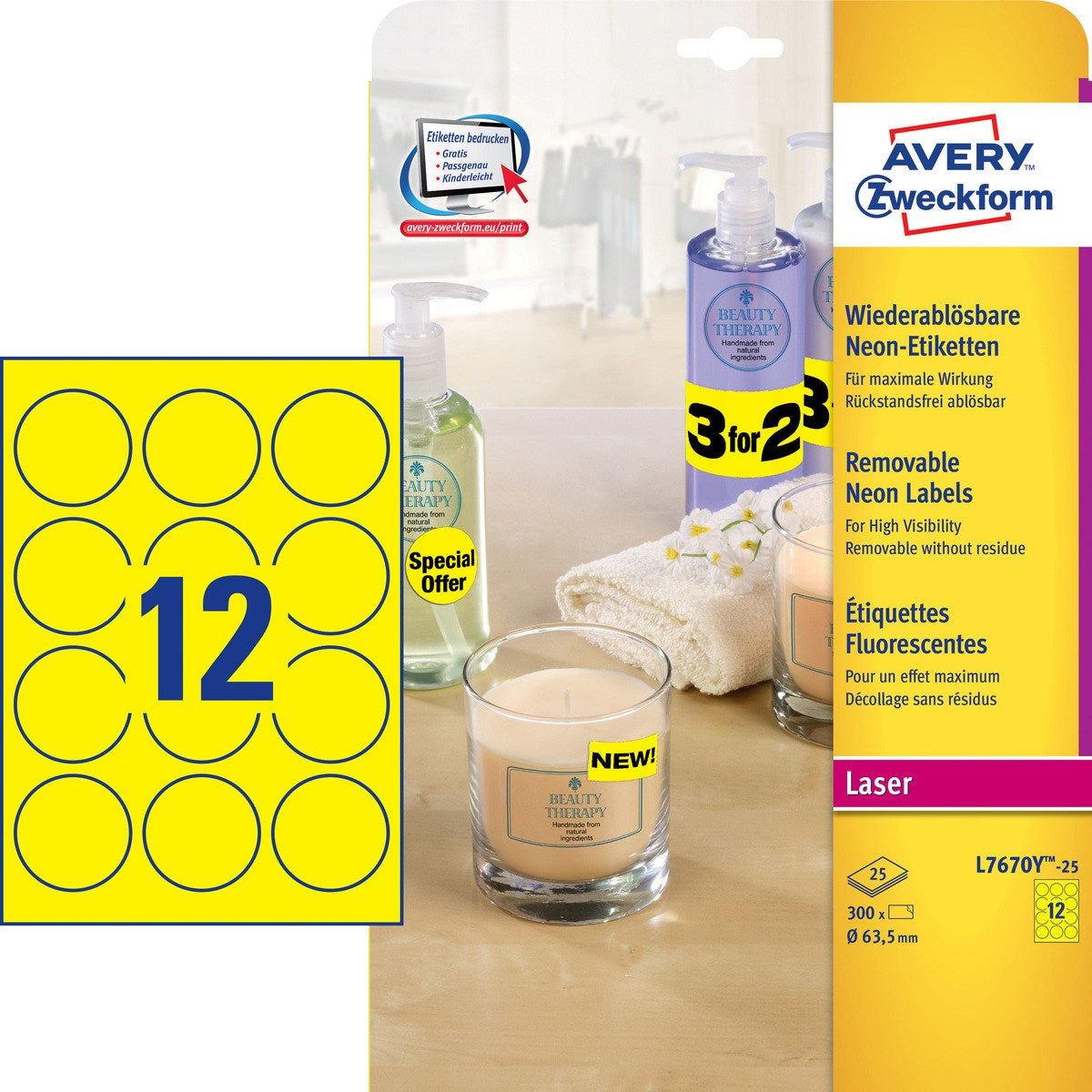 Etiquette ronde repositionnable jaune fluo diametre 63.5mm- 300 étiquettes