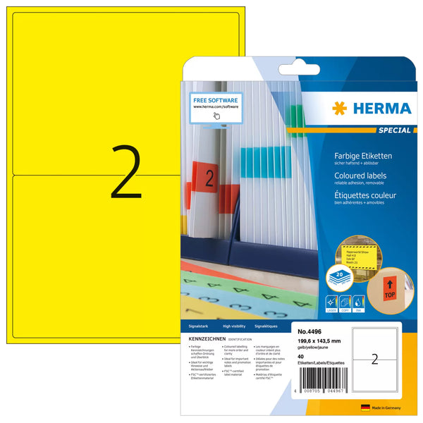 Étiquettes adhésives a4 - jaune vif, 199.6x143.5 mm -paquet de 40 étiquettes