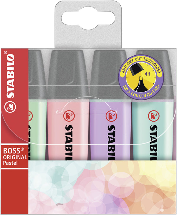 Surligneur Stabilo boss pastel - pointe biseautée, pack de 4 couleurs