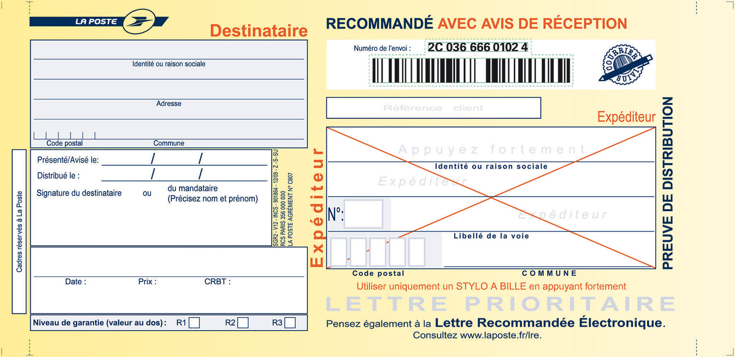 Liasses recommandées ar - 100 unités, format 101x220 mm