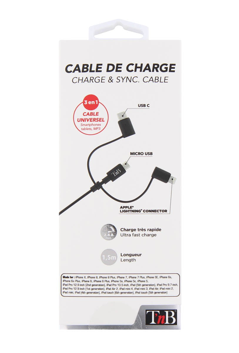 Câble usb multi-connecteurs - 1.5m, noir