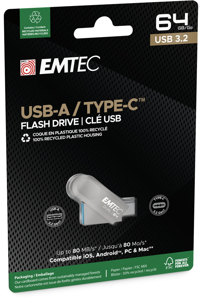 Clé USB Dual 64 Go - Double Connectique USB-C/A