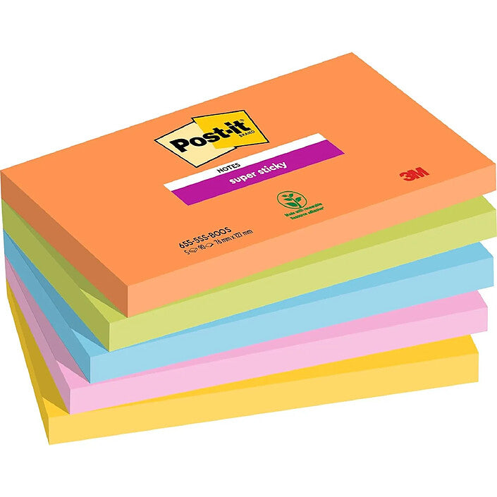 Notes repositionnables Post-it 76x127 - adhésion renforcée, 90 feuilles lot de 5 assorties