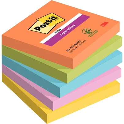 Notes repositionnables Post-it 76x76- adhésion renforcée, 90 feuilles lot de 5 assorties