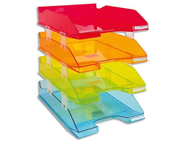 Set de 4 corbeilles courrier A4  transparent  - Couleurs assorties