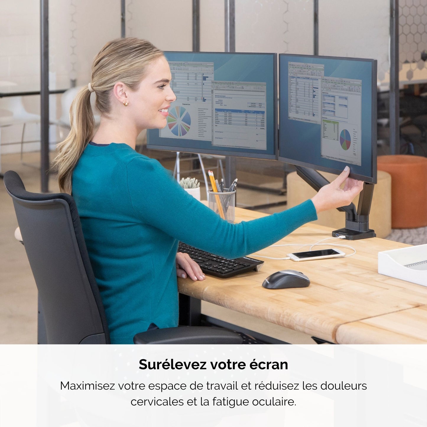 Bras porte-écrans double - réglage facile et ports usb