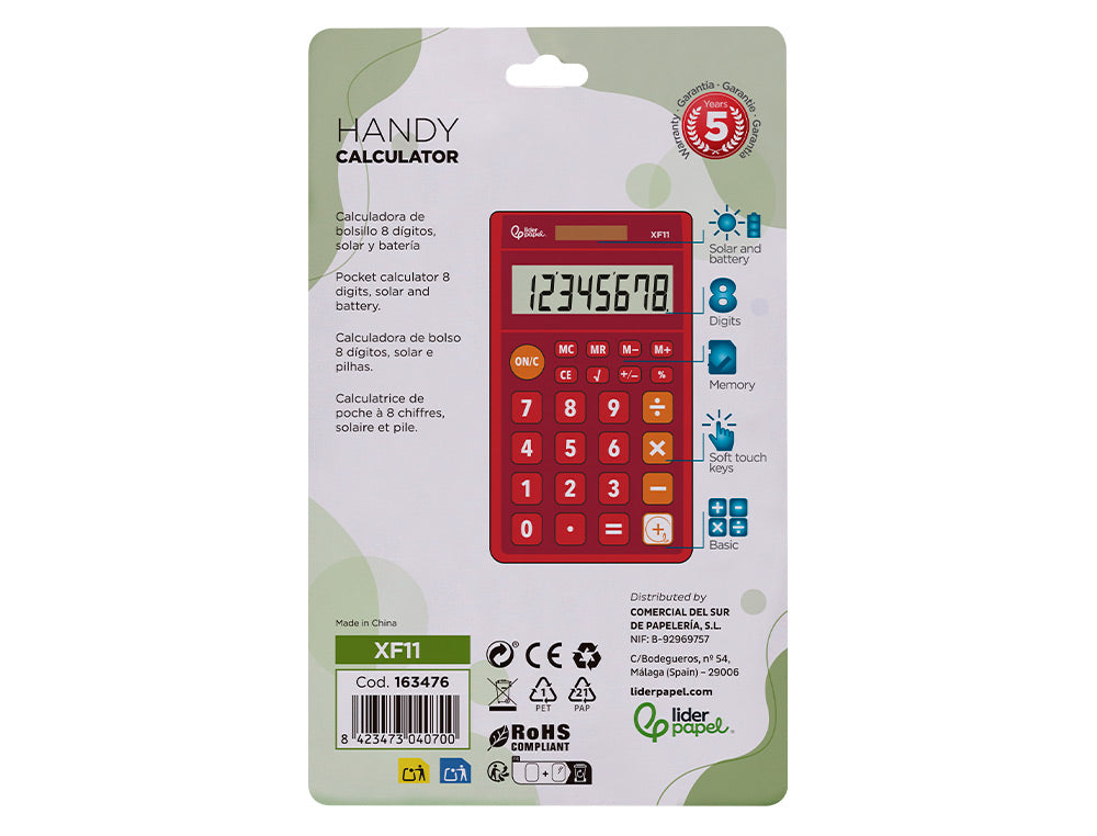 Calculatrice poche 8chiffres solaire rouge