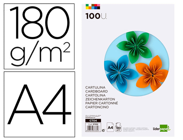 Papier cartonné  a4 180g/m2 10 coloris assortis paquet 100 feuilles