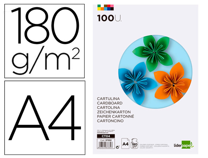 Papier cartonné  a4 180g/m2 10 coloris assortis paquet 100 feuilles