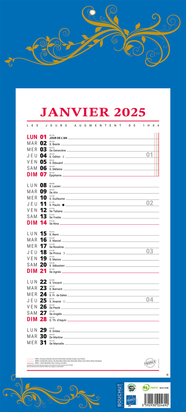 Calendrier mensuel 12f bleu19x42