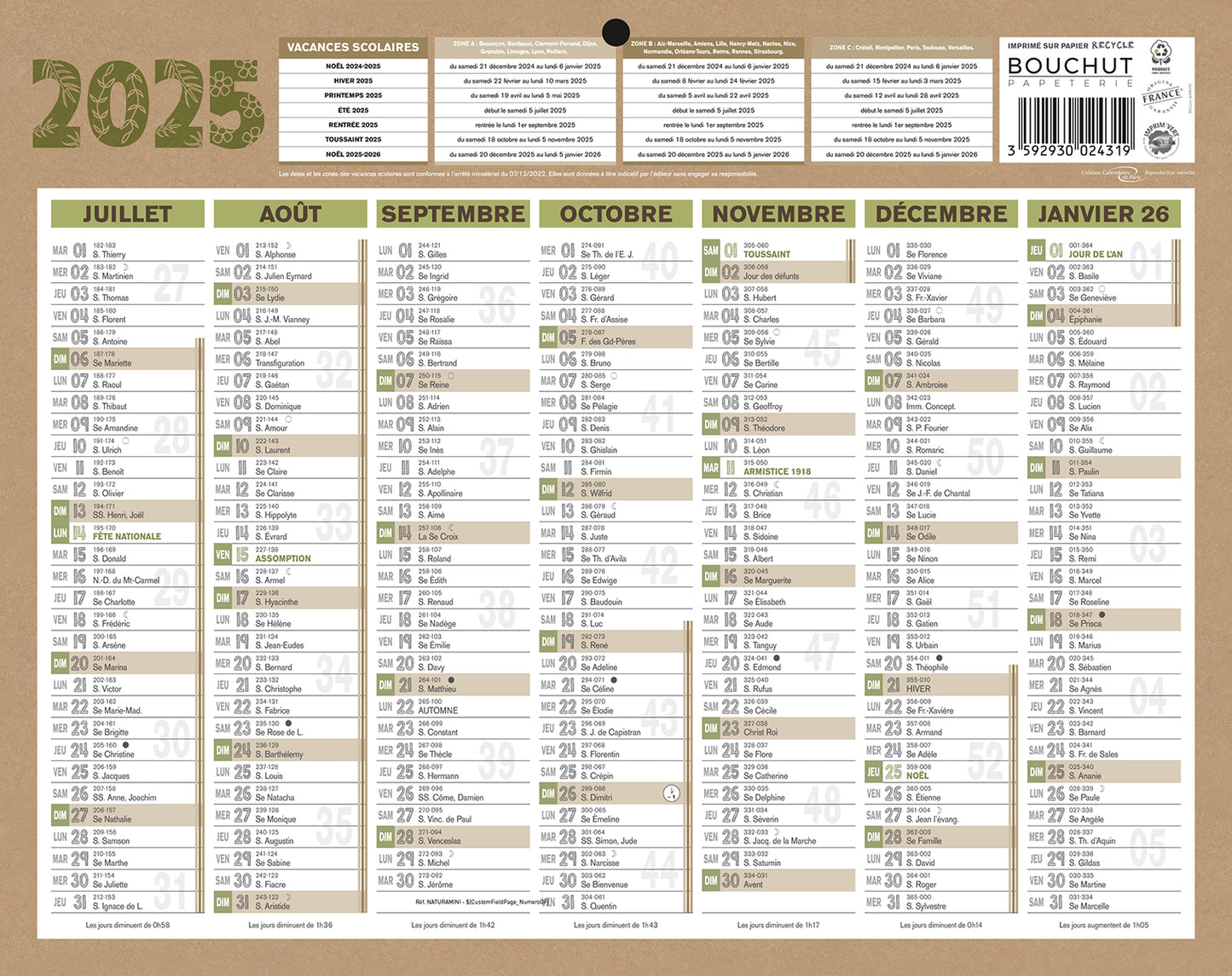 Calendrier 2x7m 21x26.5 naturamini