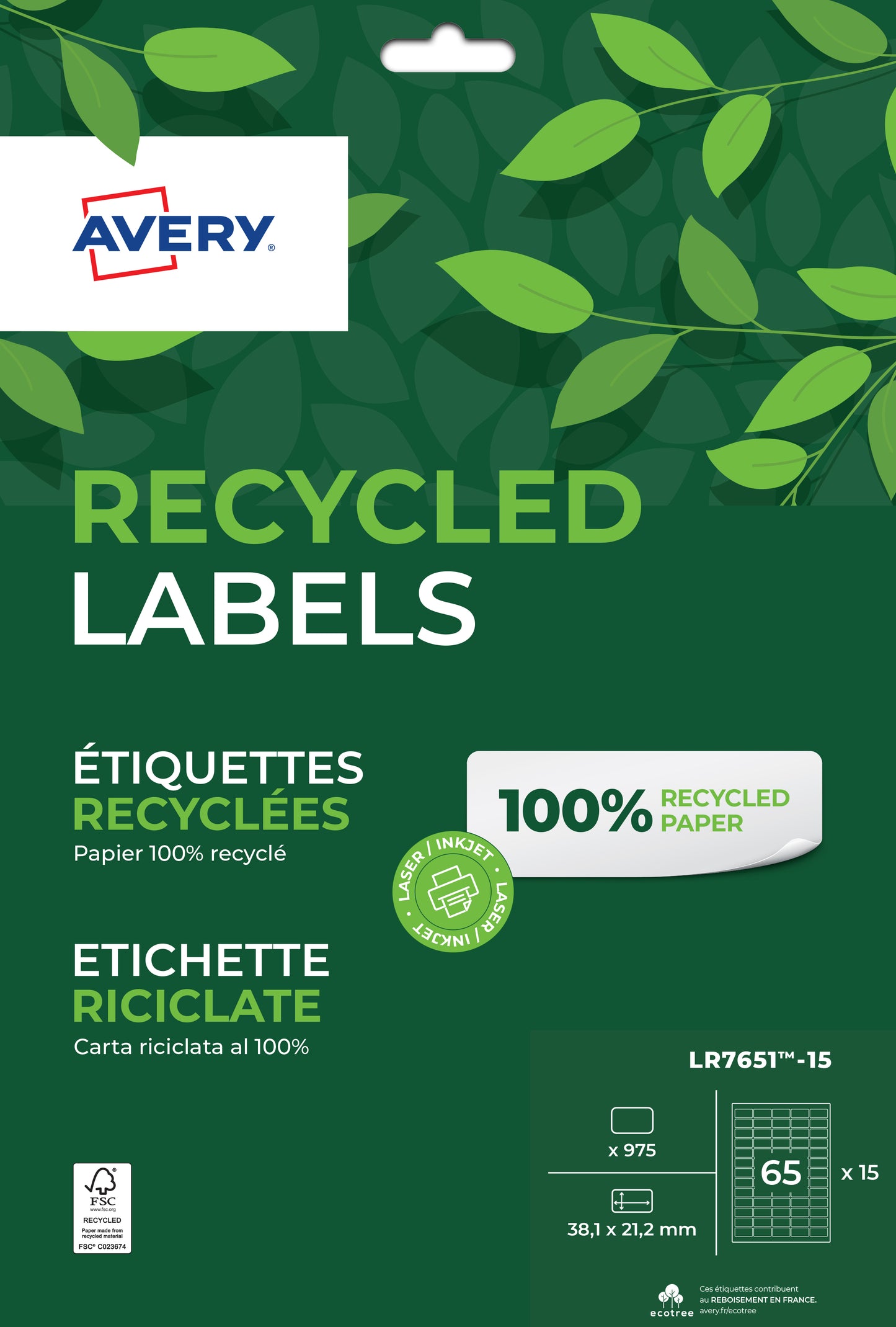 Etiquette recyclé 38.1x21.2 - 15feuilles -975 etiquettes