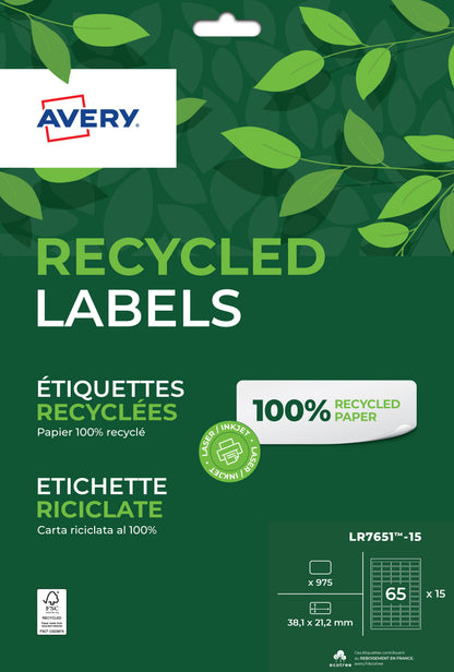 Etiquette recyclé 38.1x21.2 - 15feuilles -975 etiquettes