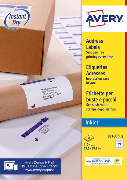 Etiquette jet d'encre 63.5x38.1 -15feuilles - 315 etiquettes