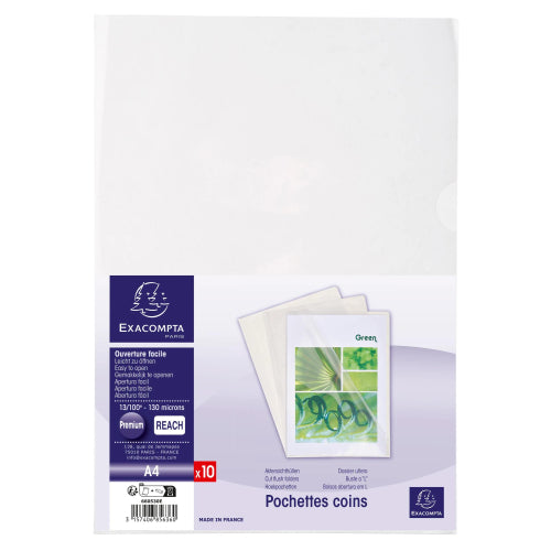 Pochettes coin PVC lisse haute résistance incolore - A4 - Cristal sachet de 10