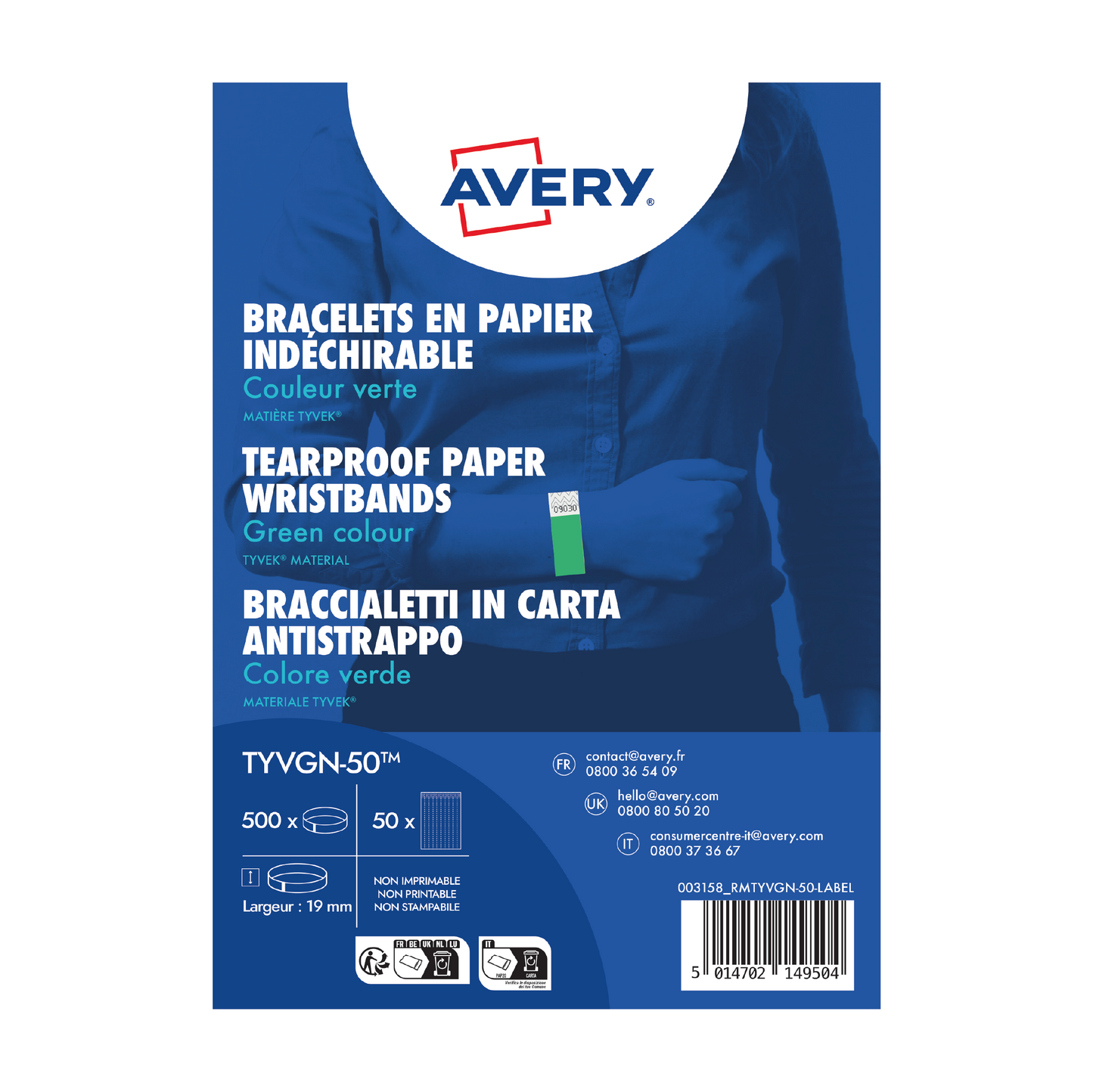 Bracelets d'identification Tyvek 256x19mm - Vert Fluo