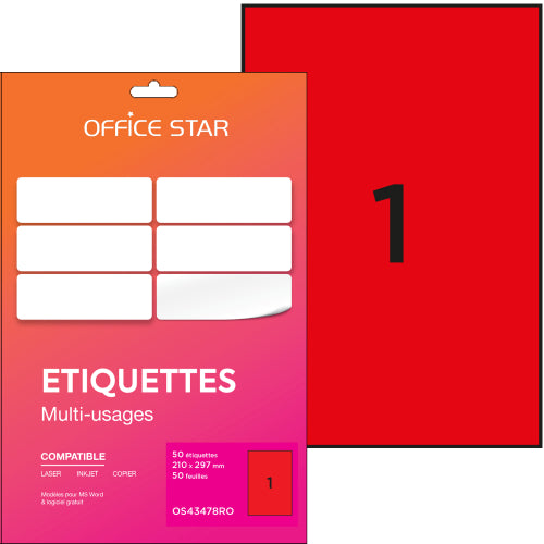 Etiquette 210x297mm rouge- 50feuilles 50 etiquettes