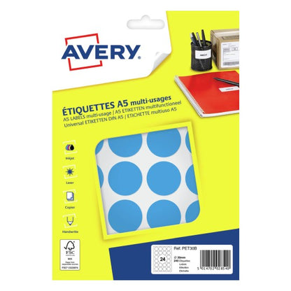 Pastille adhésive ronde 30mm -bleu 10 feuilles -240 etiquettes