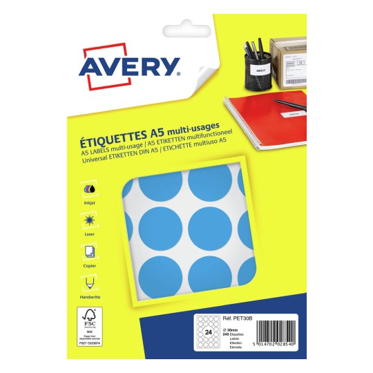 Pastille adhésive ronde 30mm -bleu 10 feuilles -240 etiquettes