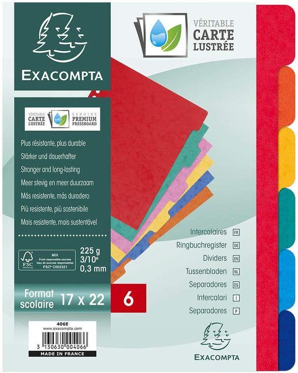 Intercalaires carton 6 onglets - 225g/m² - 220x170 mm