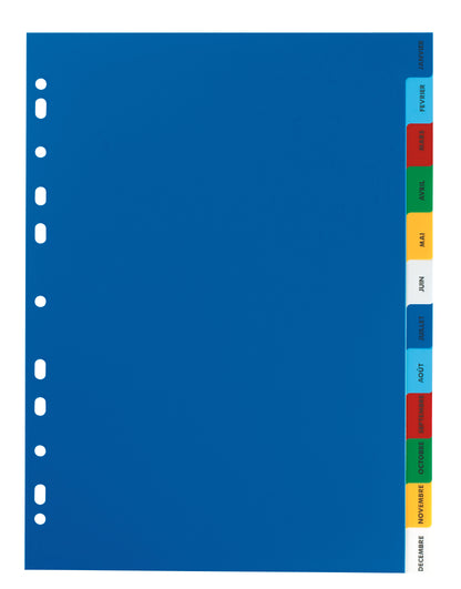 Intercalaires A4 mensuel 12 positions polypro couleur