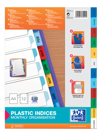 Intercalaires A4 mensuel 12 positions polypro couleur