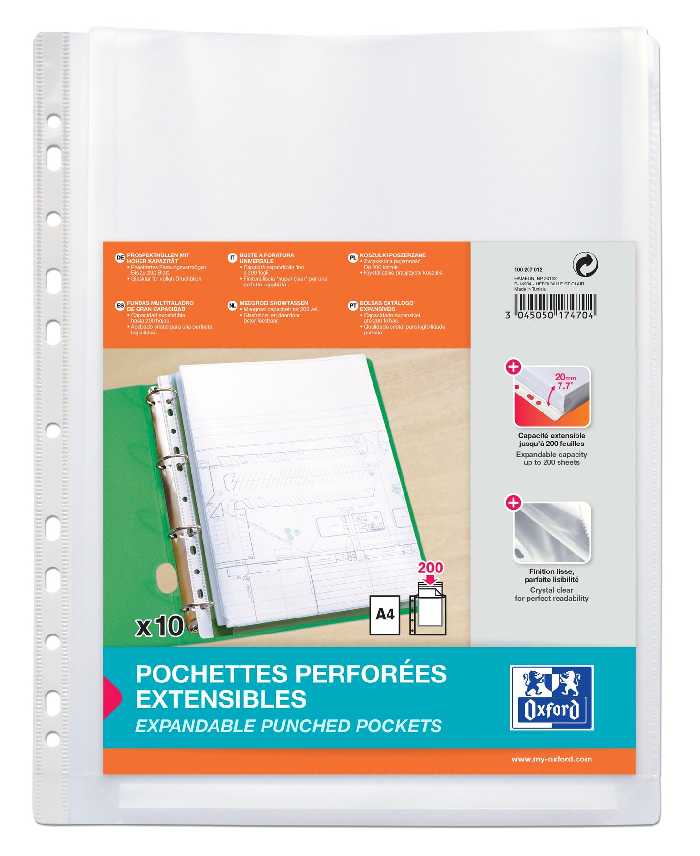 Pochettes perforées A4 - 20/100è - Polypropylène résistant - Sachet de 10
