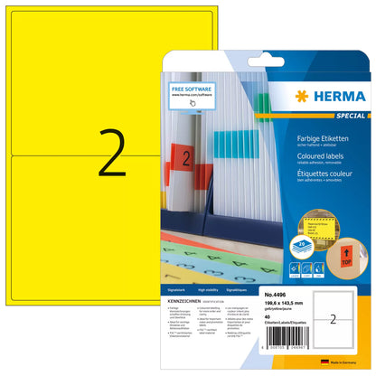 Étiquettes adhésives a4 - jaune vif, 199.6x143.5 mm -paquet de 40 étiquettes