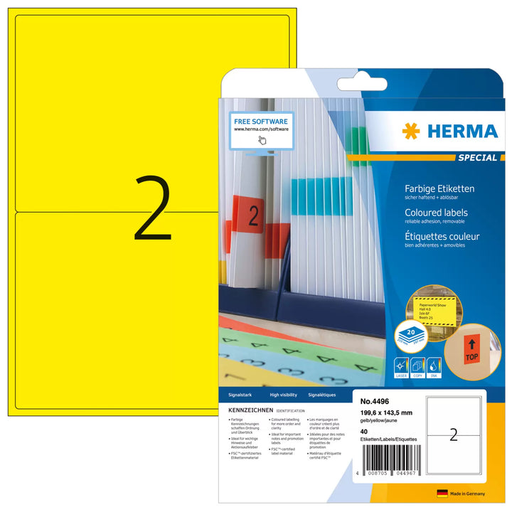 Étiquettes adhésives a4 - jaune vif, 199.6x143.5 mm -paquet de 40 étiquettes