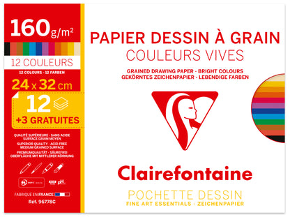 Papier dessin 24x32 couleurs vives assorties -12feuilles+3 gratuites