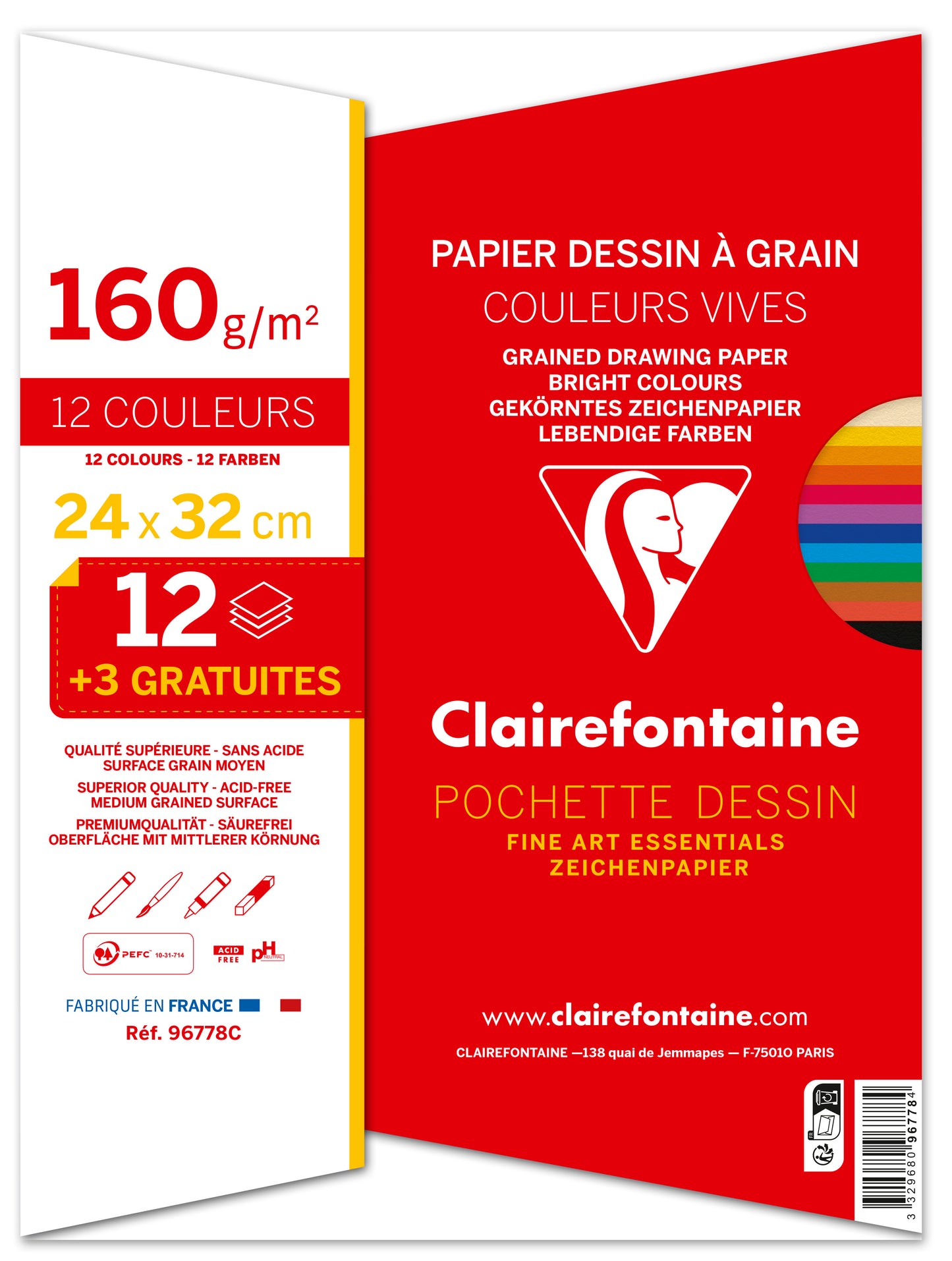 Papier dessin 24x32 couleurs vives assorties -12feuilles+3 gratuites