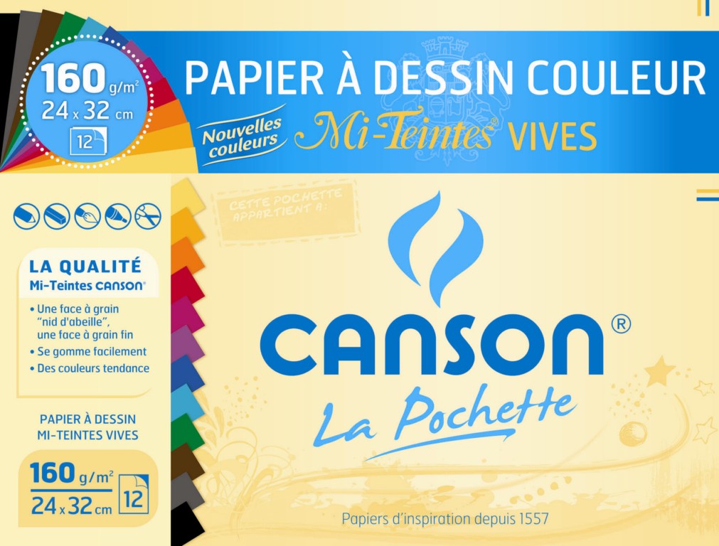 Papier à dessin couleur  Mi-Teinte 160G - Assortiment Vif