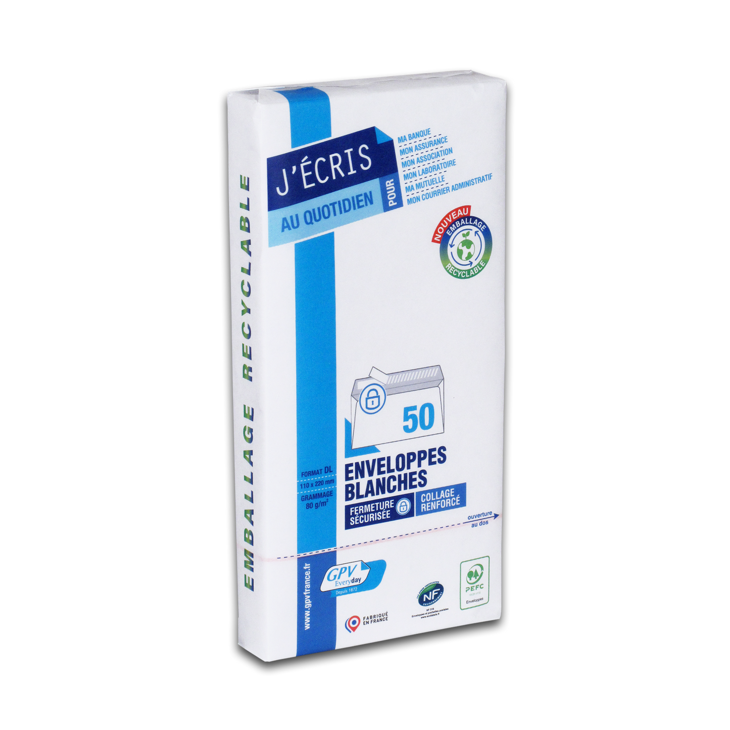 Enveloppes blanc 110x220 bdp 80gr paquet de 50