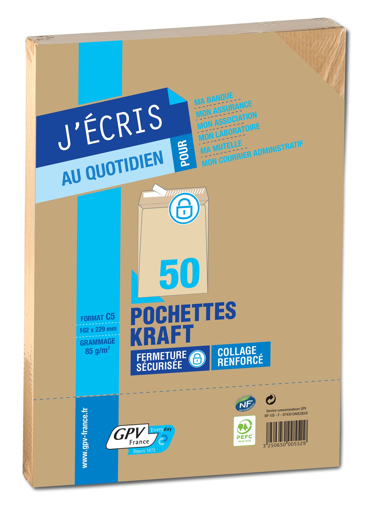 Pochettes d'expédition, C5, 162 x 229 mm, kraft brun paquet de 50