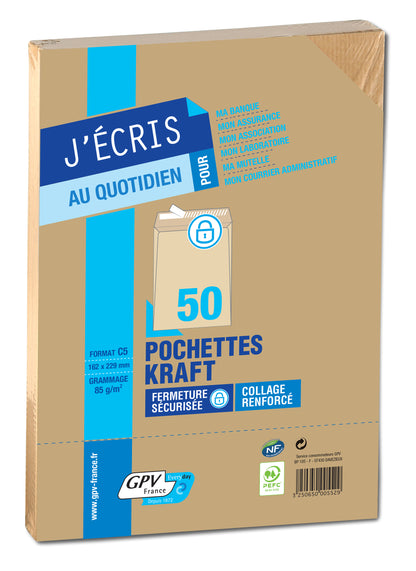 Pochettes d'expédition, C5, 162 x 229 mm, kraft brun paquet de 50