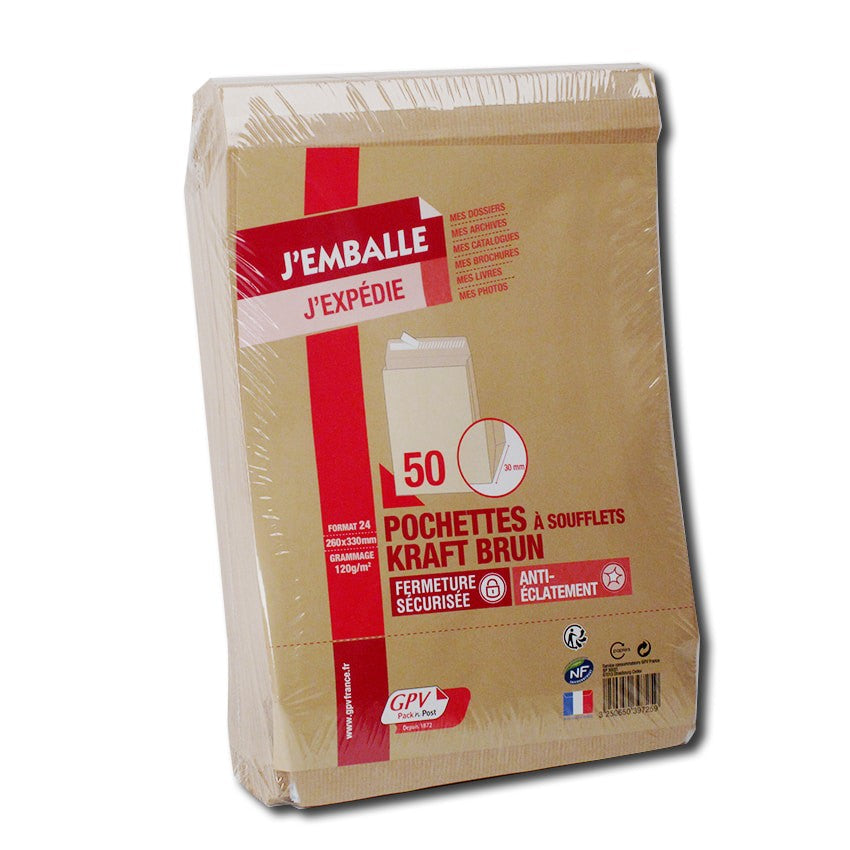Pochette expédition  260x330 kraft soufflet 120g- paquet de 50
