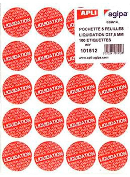 étiquette adhésive mention "liquidation" rouge sachet de 100