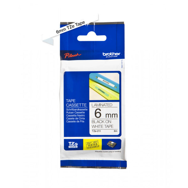 Ruban Brother 6mm TZE 211- Noir/blanc