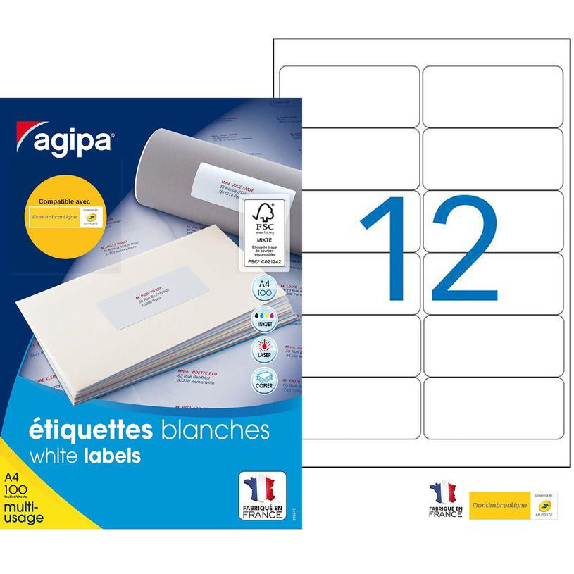 Etiquettes adhésives multi-usages A4 - 105x48 mm - 100 Feuilles - 1200 Etiquettes