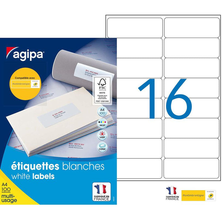 Etiquettes adhésives multi-usages A4 - 99,1x33,9 mm - 100 Feuilles - 1600 Etiquettes