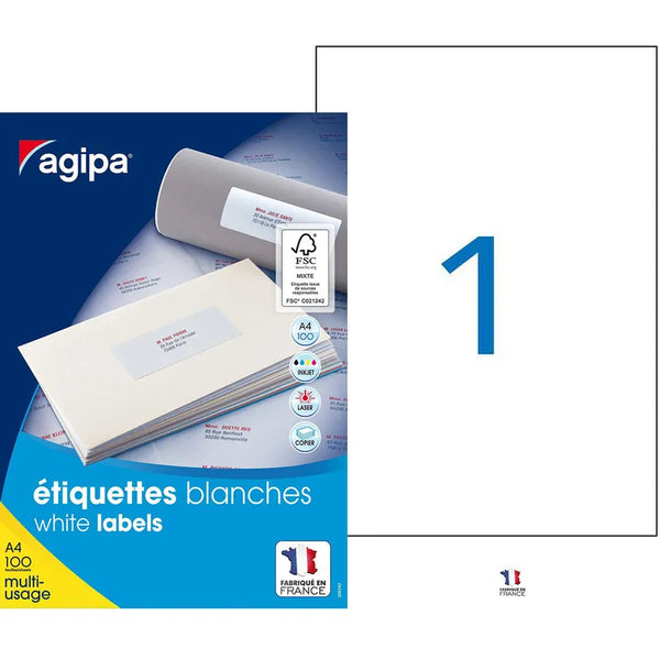 Étiquettes adhésives multi-usages A4 - 210x297 mm - 100 Feuilles - 100 Etiquettes