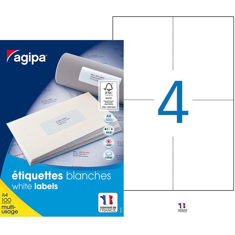 Étiquettes adhésives multi-usages A4 - 105x148,5 mm - 100 Feuilles - 400 Etiquettes