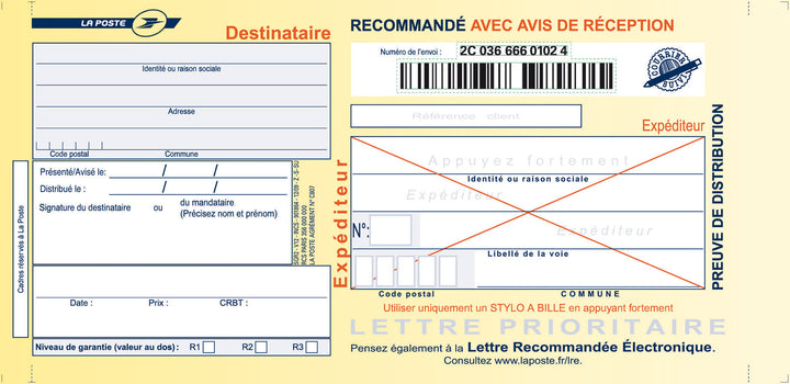 Liasses recommandées ar - 100 unités, format 101x220 mm