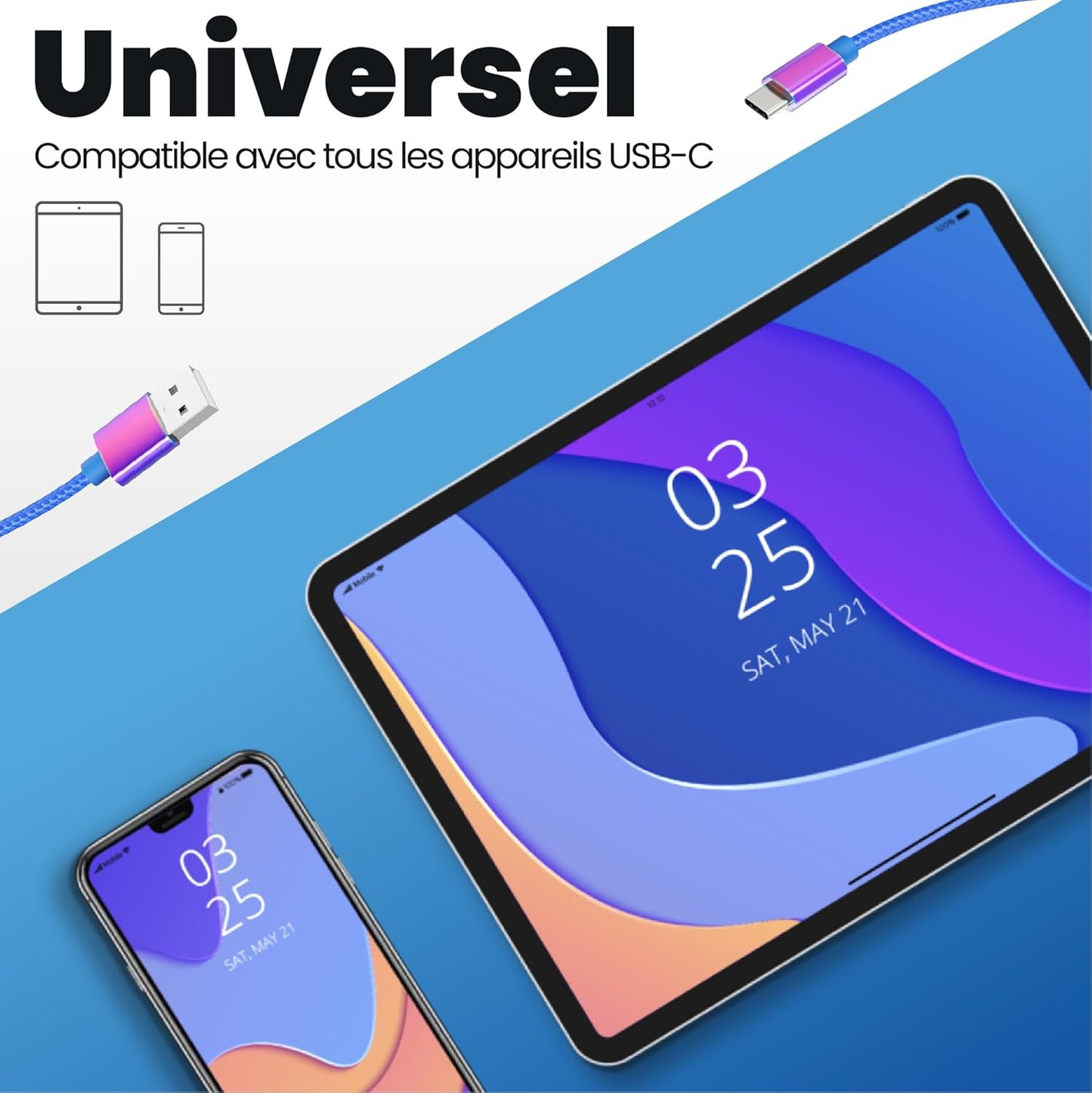 Câble usb/usb-c 2m - design bleu irisé