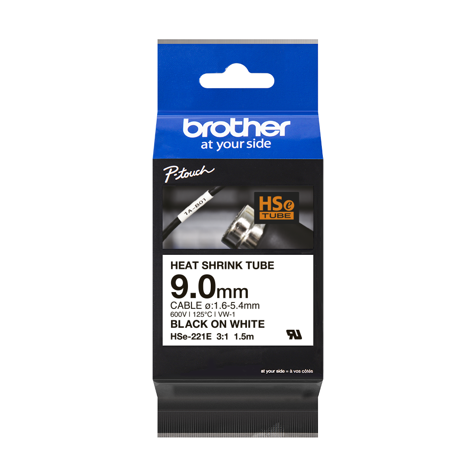 Ruban Brother thermorétractable hse221e - noir/blanc 8,8 mm