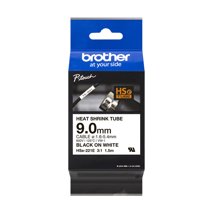 Ruban Brother thermorétractable hse221e - noir/blanc 8,8 mm