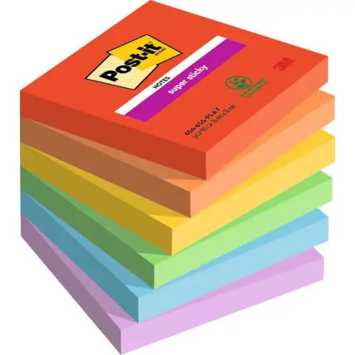 Post-it - 6 Blocs notes de 90 feuilles Super Sticky Playful - couleurs assorties - 76 x 76 mm